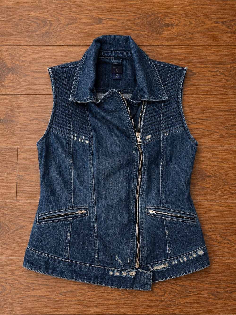 Guess Women’s Small Denim Vest Sleeveless Zip Up Distressed Moto Jean Jacket